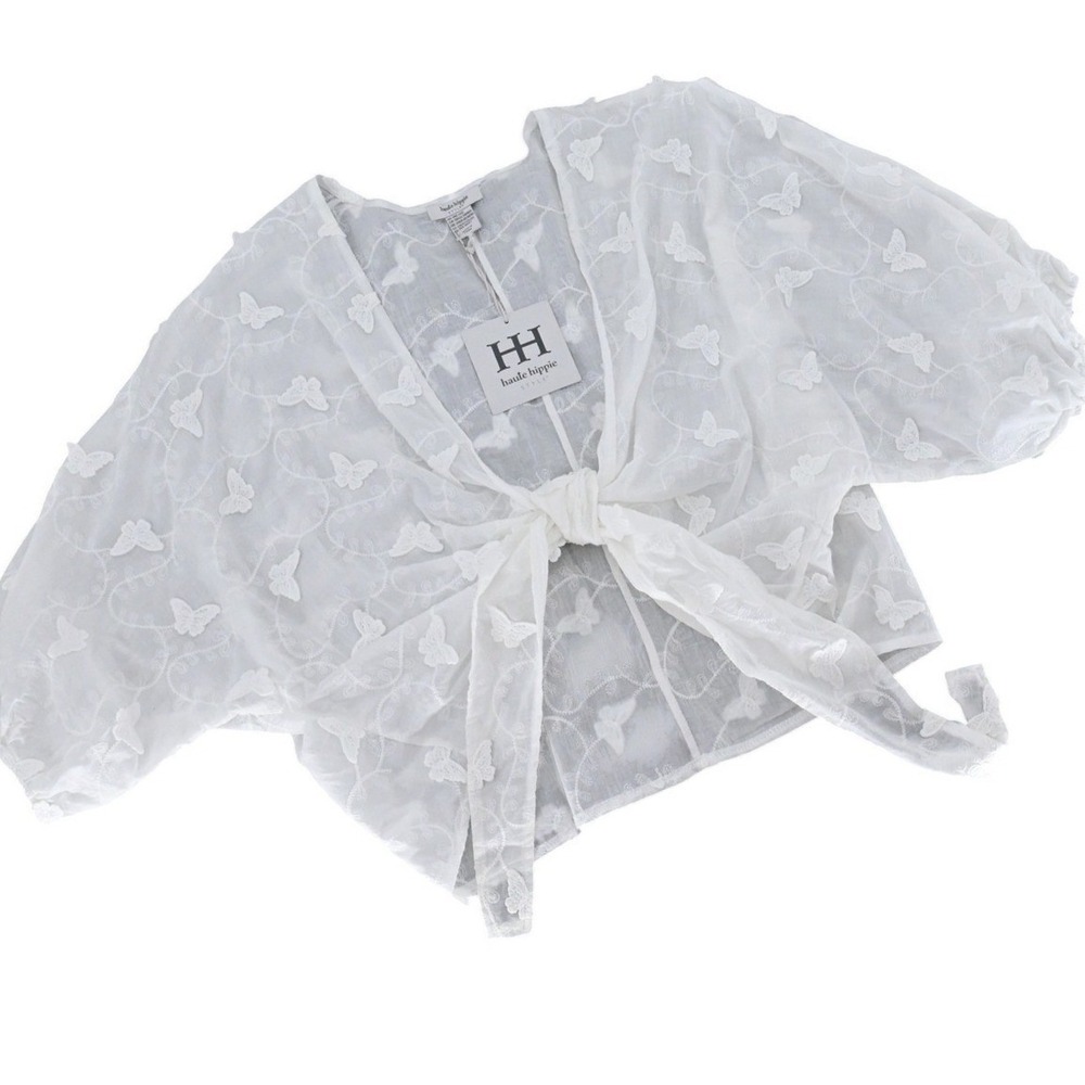 Haute Hippie White Butterfly Applique Tie Front Cropped Kimono Top Festival